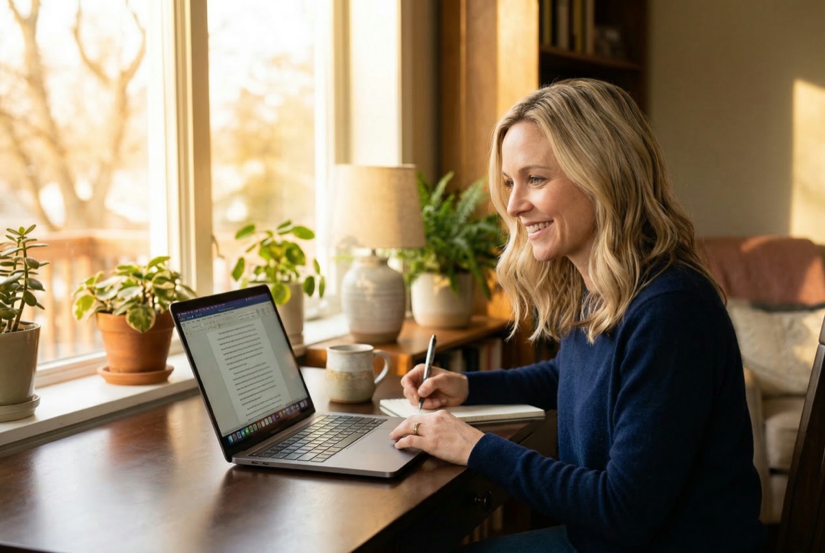 Faye writing at her desk
